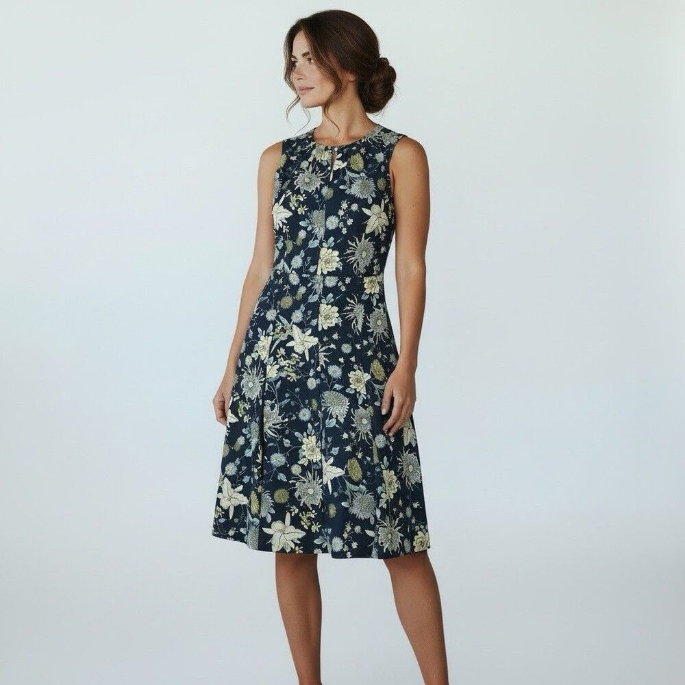Jones New York Womens Floral Pleated Fit Flare Chiffon Dress 4P Petite Blue